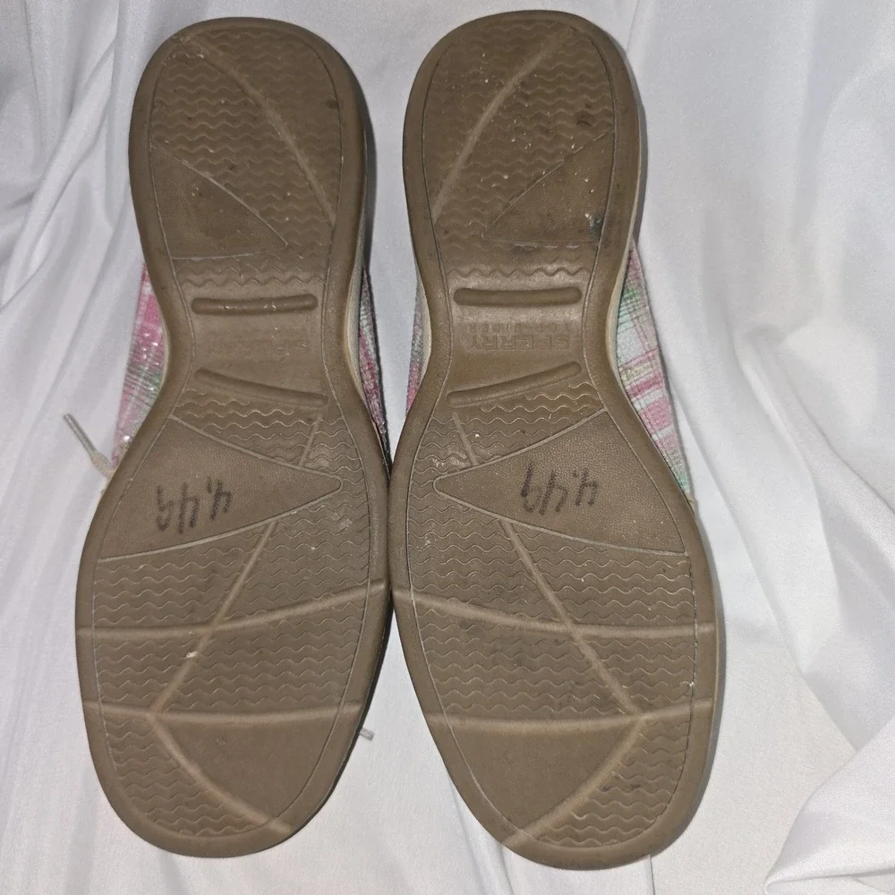 Sperry Top-Sider Boat Shoes sz 9 M Natural Tan Leather Pink Sequin Plaid